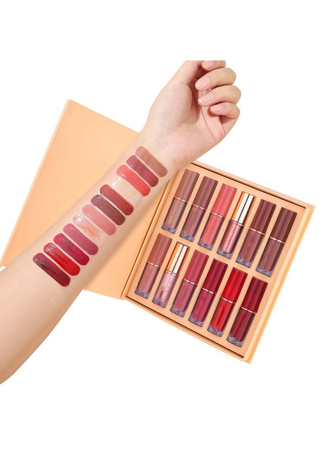 Huitich Matte Non-Transfer 12-Color Book-Style Lip Gloss Set – Lip Tint & Shimmer Lipstick Makeup Kit - Image 1